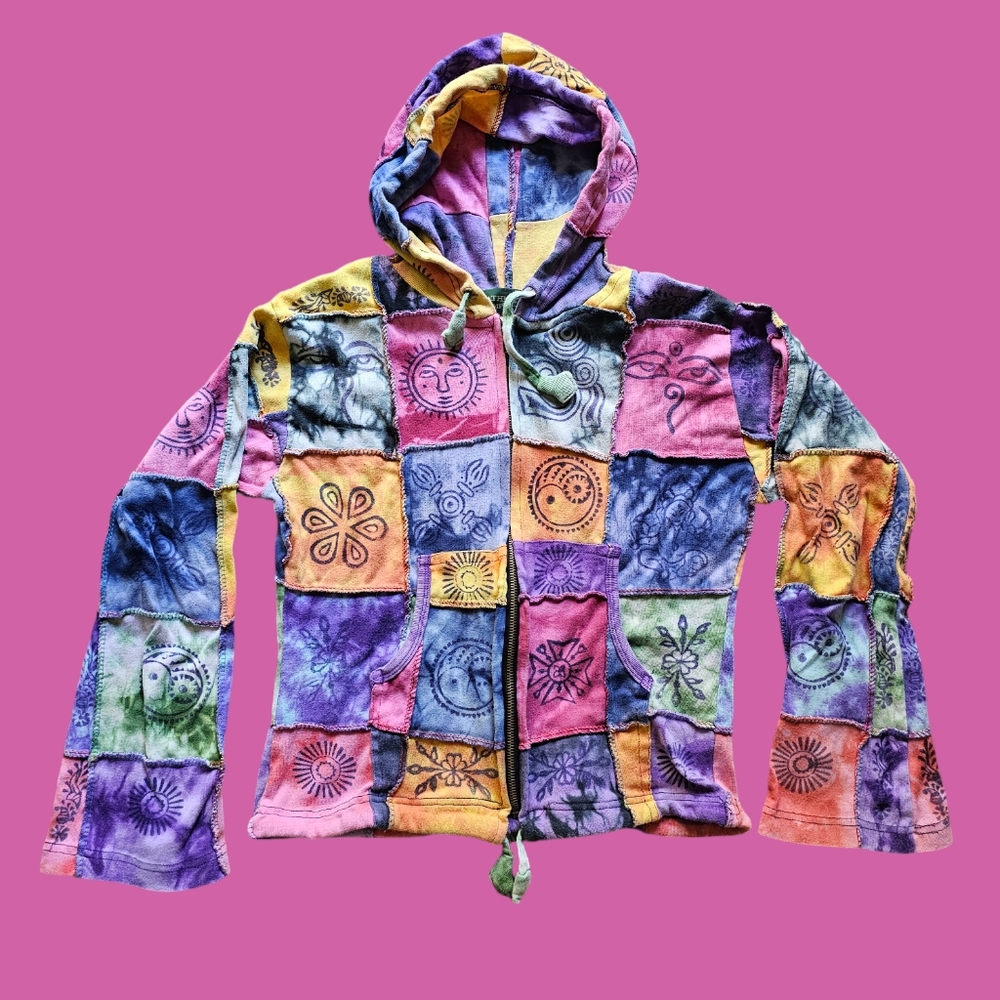 Kathmandu Imports cotton boho gypsy patchwork multicolor zip-up‎ hoodie size L